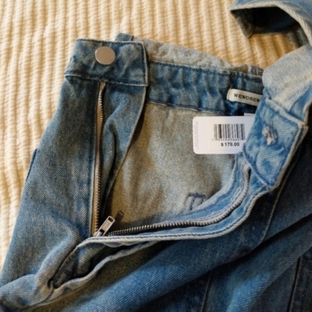 WeWoreWhat Slouchy Slit Overalls in Steel Jumpsuit Wide Straight Leg Blue - Picture 5 of 13